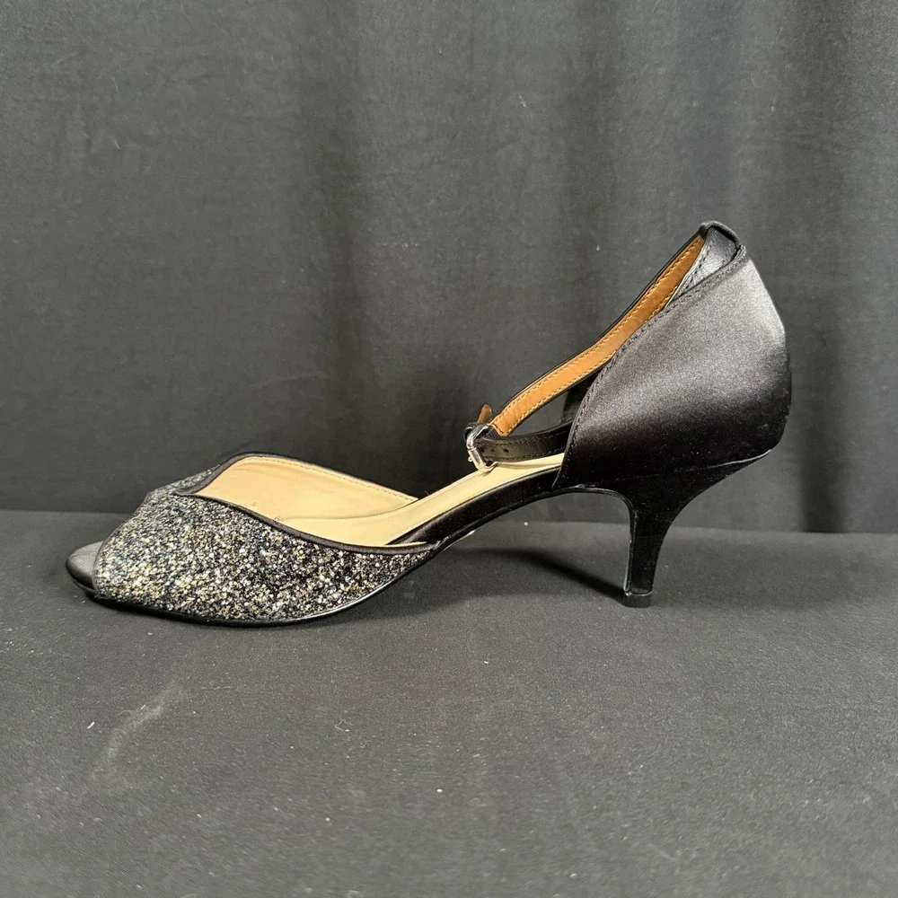 Betsey Johnson SB-RITA Black Glitter Peep Toe Kitten Heels Pumps Womens 8.5M